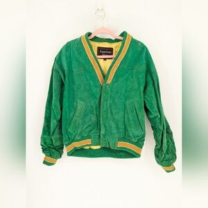 Vintage 90s Green Suede Leather Varsity Jacket Mens Size Medium Retro FLAW